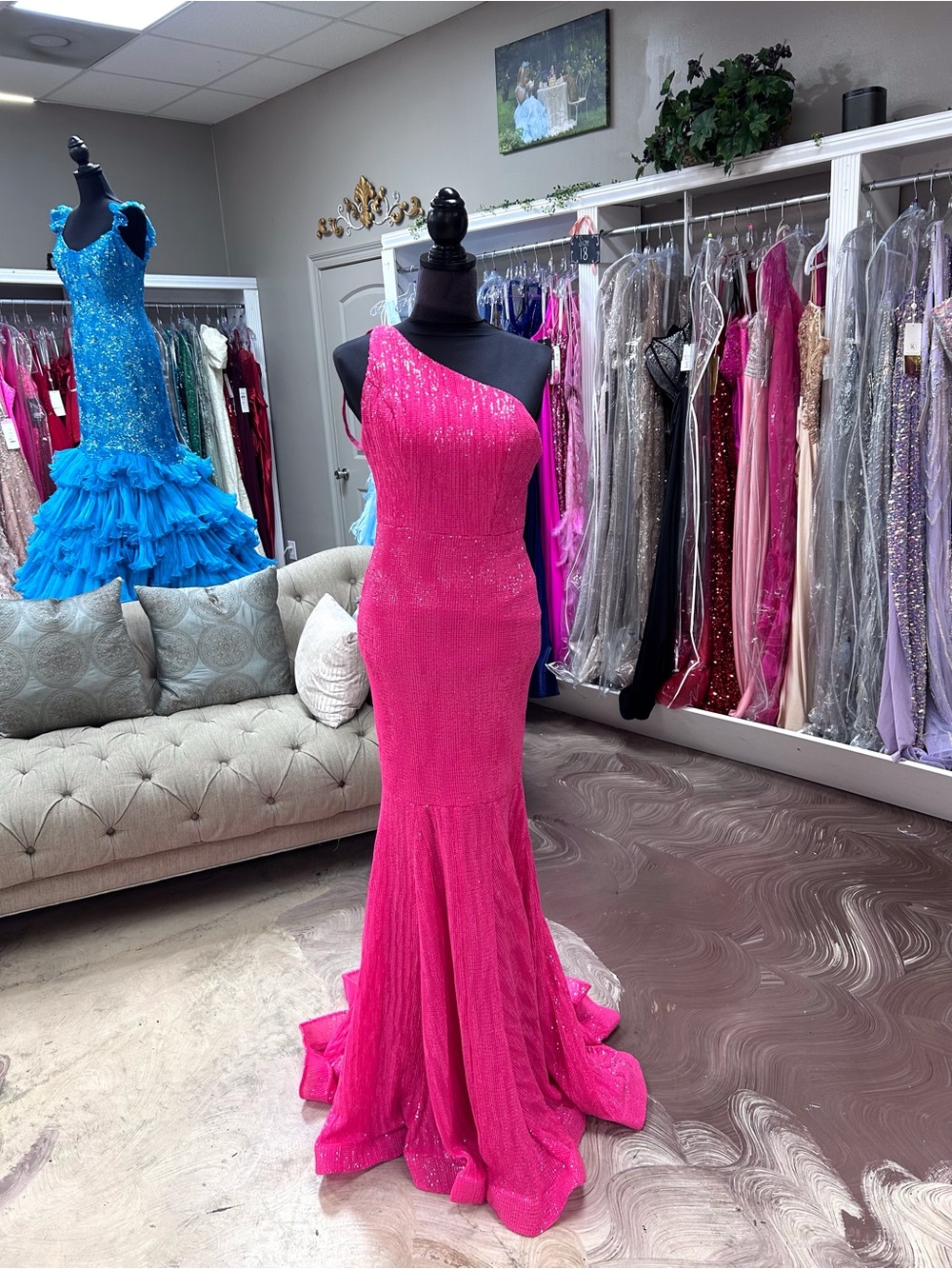 Portia and Scarlett One-Shoulder Hot Pink Sequin Mermaid Gown